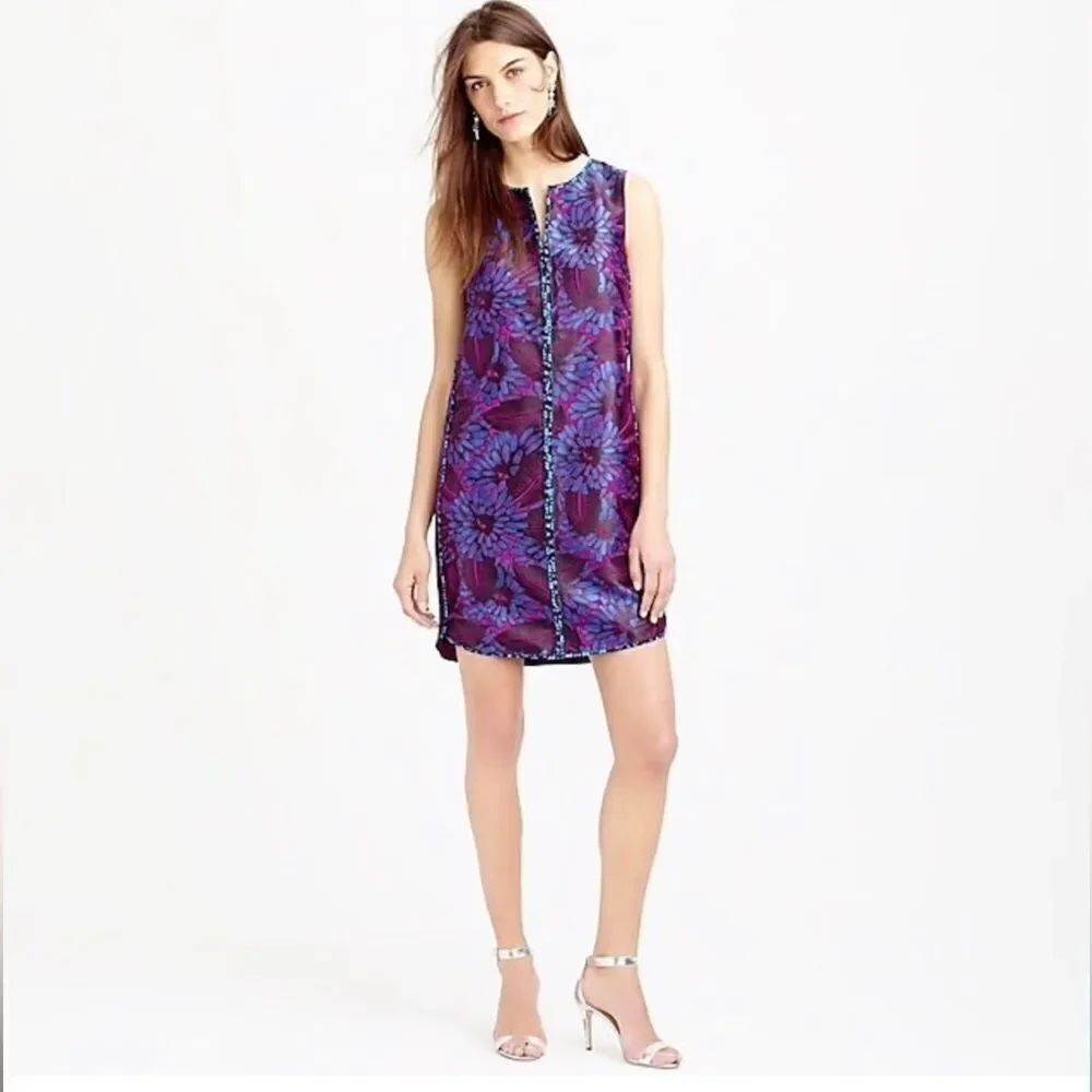 J. Crew Midnight Floral Blue Purple Jacquard V Neck Shift Dress